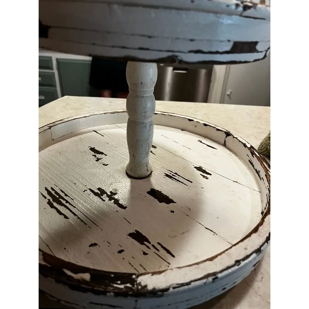 shabby chic Storied Home Distressed Cream Wood 2-Tier Tray with Metal Handle